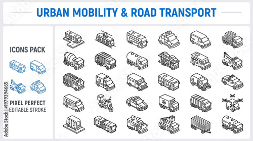 Isometric road transport city traffic car van vector icon set