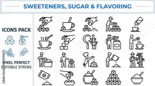Sugar sweetener flavor food processing agriculture line vector icons