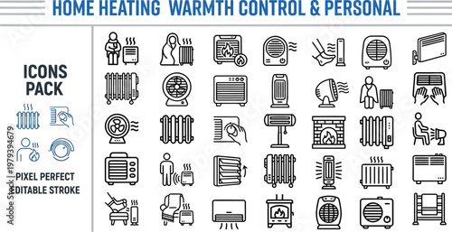 Home heating radiator fireplace winter warmth line vector icons