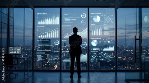 Business professional analyzing financial data on futuristic digital interface overlooking city skyline at dusk