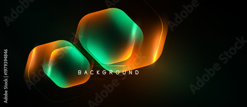Abstract neon shapes overlap dark background. Glowing orange, teal hues create dynamic visual effect. Modern design element.