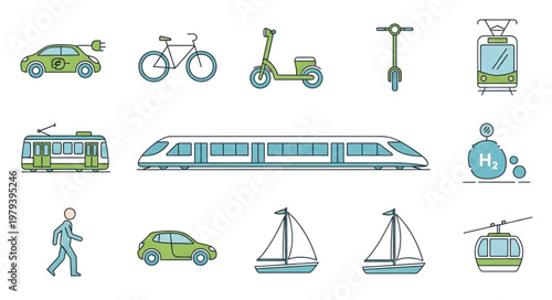 Collection of various transportation vehicles and modes of travel.