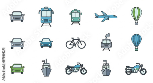 Collection of various transportation vehicles and modes of travel.