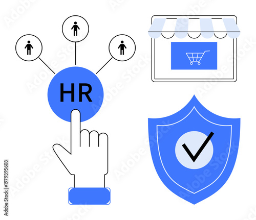 Human resources, online security, e-commerce, workforce management, data protection, recruitment. HR icon with network connections, shield with a checkmark and an online shopping icon. HR and online