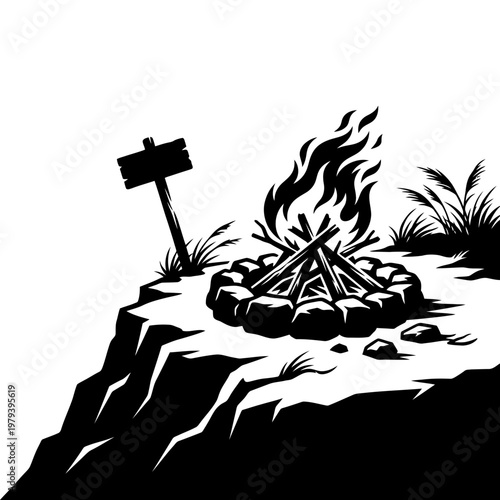 Vintage camping lantern silhouette under crescent moon