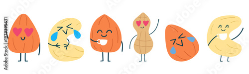 Cute Nut Characters Set. Almond in Love, Walnut with Coffee, Cashew Laughing and Peanut Waving. Flat Vector Collection On White Background.