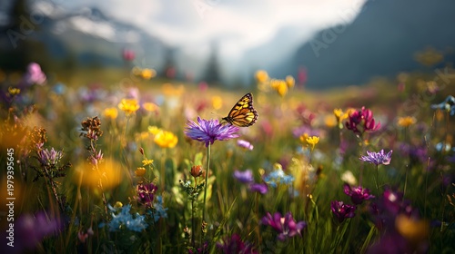 Schmetterling auf Wildblume in farbenreicher Alpenwiese