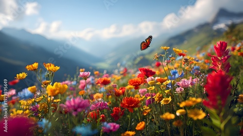 Bunte Alpenblumenwiese mit Schmetterling vor Bergpanorama