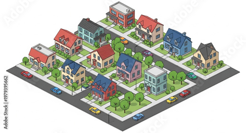 Colorful Suburban Neighborhood Street.