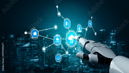 Schilderij op canvas A futuristic robotic hand engages with digital icons in a holographic network, symbolizing the intersection of technology and urban innovation, showcasing advanced artificial intelligence