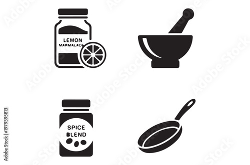 Black and white icons depicting kitchen items and food products