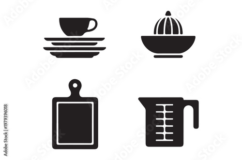 Black silhouette icons depicting tableware and kitchen utensils