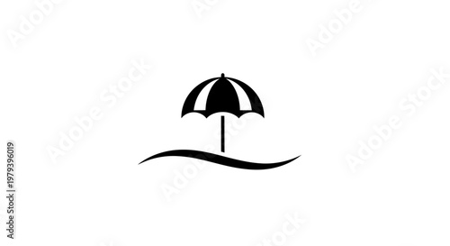 Black beach umbrella on sandy shore.