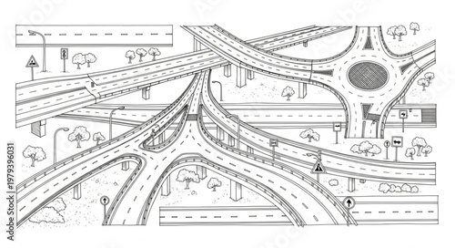 Complex highway interchange aerial view drawing.