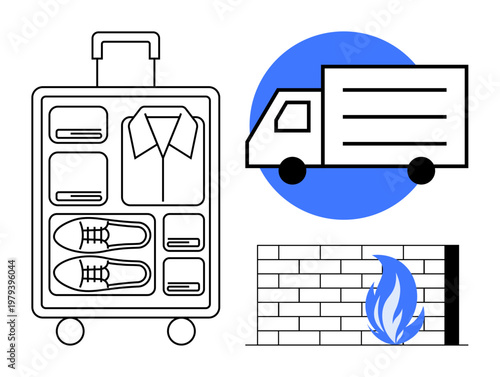 Travel preparation, logistics services, fire safety, transport planning, disaster readiness, emergency response. A packed suitcase, delivery truck and fire icon with wall. Travel preparation