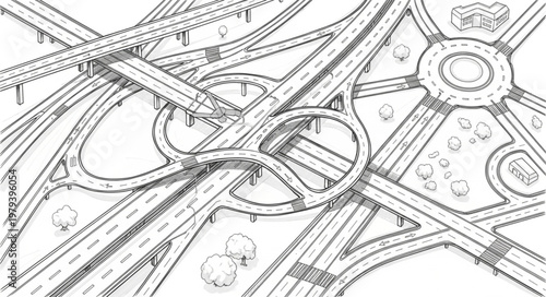 Complex Highway Interchange Aerial View Sketch.