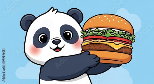 Panda holding a large cheeseburger happily.