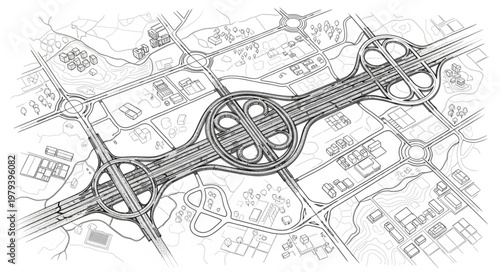 Complex Highway Interchange Aerial View Sketch.