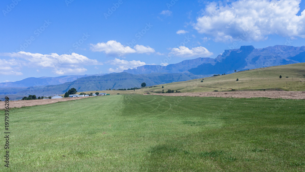 Fototapeta premium Flying grass airstrip for light aircraft planes airport runway layout in farming country scenic mountains with blue sky landscape.
