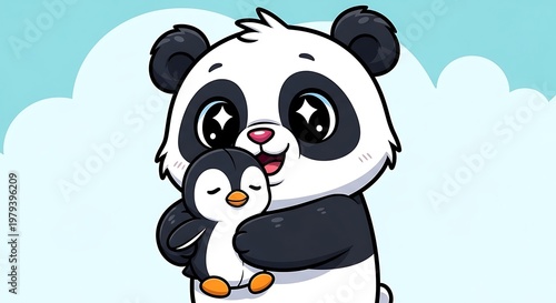 Panda bear hugging little penguin friend.