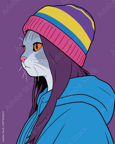 Cat Girl with Colorful Beanie in Blue Hoodie