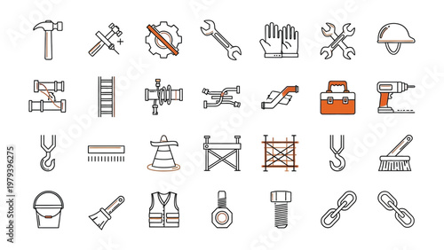 Construction Tools: A collection of various construction tools, equipment, and safety gear, meticulously arranged, representing the building and infrastructure.