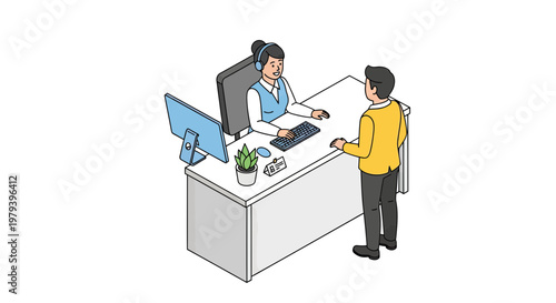 Isometric Vector Illustration of a Female Receptionist with Headset Assisting a Male Customer at an Office Desk