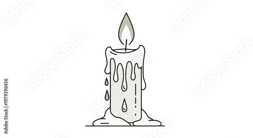 Minimalist Line Art Vector Illustration of a Burning Wax Candle with Flame and Melting Droplets
