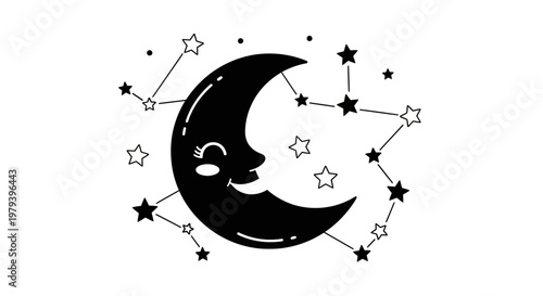 Cute Smiling Crescent Moon with Stars and Constellations, Hand-Drawn Vector Illustration Isolated on White Background