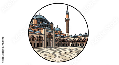 Vector Illustration of a Grand Ottoman Mosque with Domes and Minaret in a Circular Frame