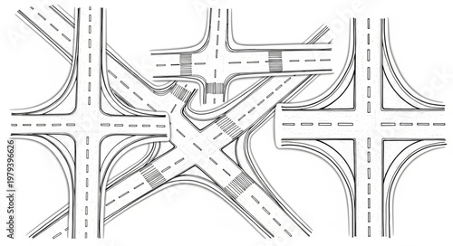 Complex highway interchange illustration with multiple levels and lanes.