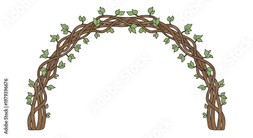 Vector illustration of a garden archway made of interwoven tree branches and green leaves, botanical frame isolated on white.