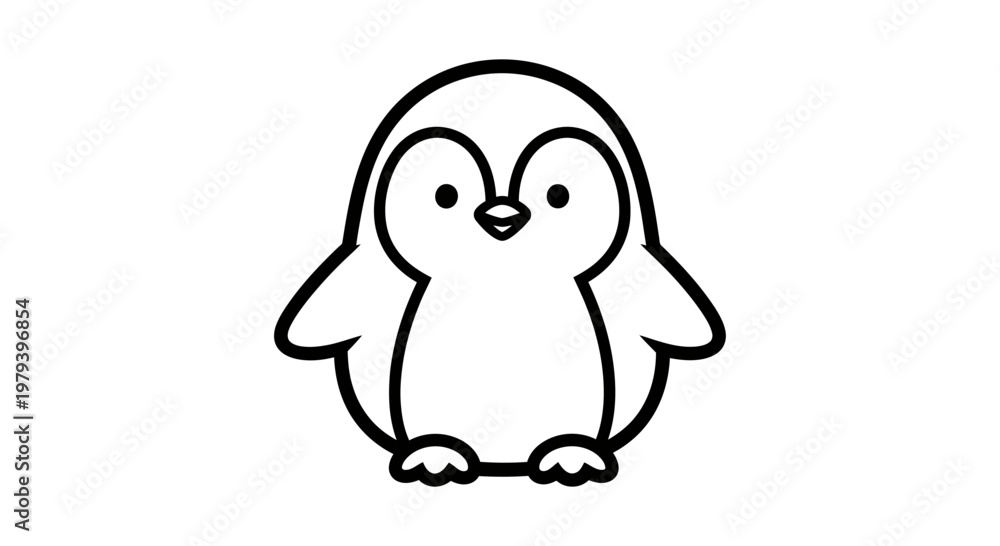 Fototapeta premium Cute Baby Penguin Vector Illustration, Minimalist Black and White Line Art Mascot for Kids Coloring Book and Logo Design