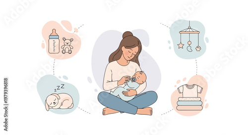 Happy Mother Cuddling her Newborn Baby Surrounded by Nursery Essentials, Toys, and Sleeping Puppy in Minimalist Line Art Style
