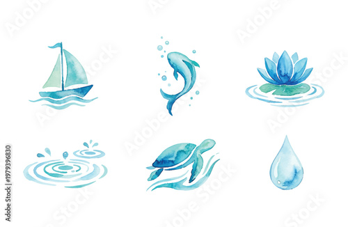 Watercolor Water Icons Set: Sailboat, Fish, Lotus, Ripples, Sea Turtle, and Water Drop
