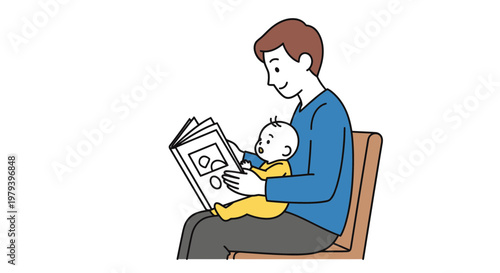 Father Sitting on a Chair and Reading a Picture Book to His Baby, Parenting and Early Education Concept Illustration
