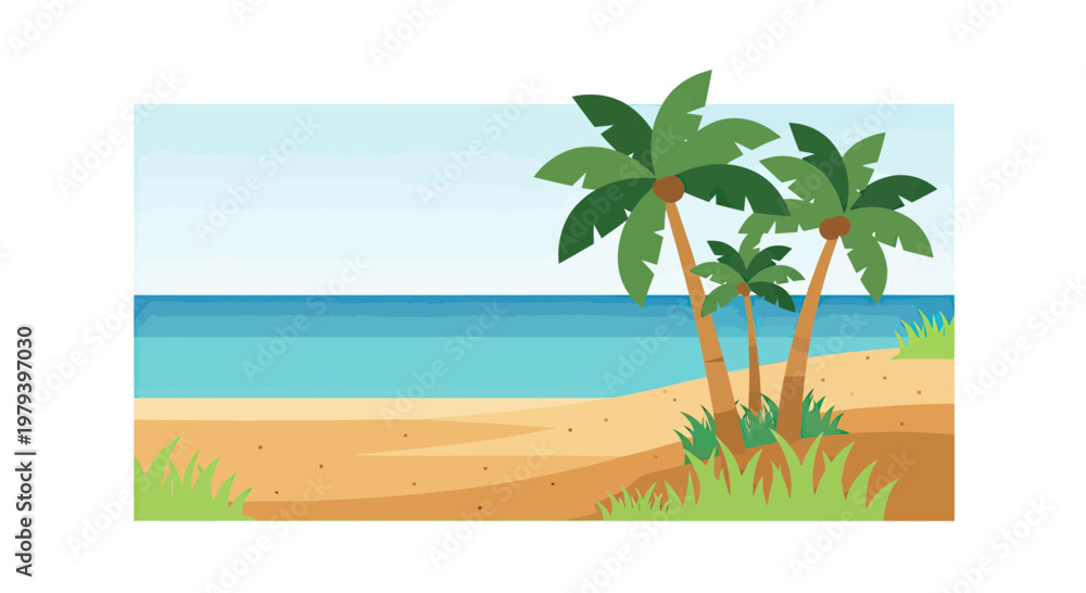 Obraz premium Tropical Beach Landscape with Palm Trees on Sandy Shore and Calm Blue Ocean Vector Illustration