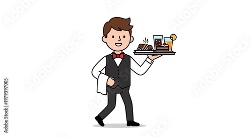 Smiling Professional Waiter in Uniform Carrying a Tray with Food and Beverages, Restaurant Service Character Vector Illustration