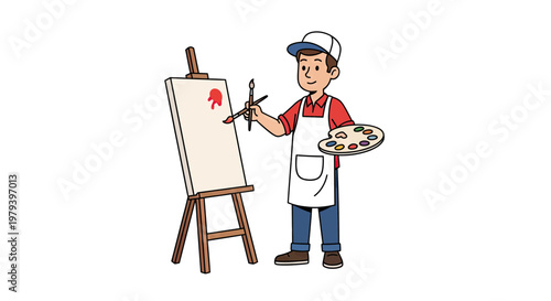 Young Male Artist Painting on a Canvas with Wooden Easel and Palette, Creative Cartoon Illustration of a Painter at Work