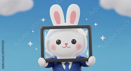 Cute cartoon bunny in suit holding TV.