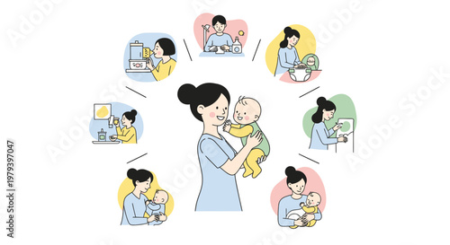 Vector Illustration of a Mother Caring for her Infant with Scenes of Daily Childcare Routines including Feeding, Diaper Changing, and Laundry