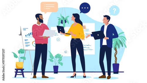 Diverse business team having a productive discussion with laptops and speech bubbles, professional colleagues collaborating on data analysis in office, flat design vector illustration
