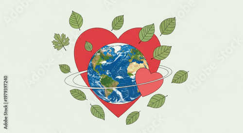 Earth globe in heart shape with green leaves symbolizing love and care for the environment and nature conservation
