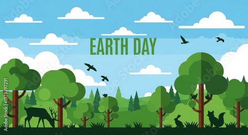 Earth day illustration with animals trees and birds in a green landscape