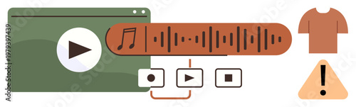 Media applications, audio streaming, online warnings, user interface design, content playback, digital tools. A media player with controls, audio waveform and warning icon. Media applications