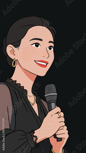 Stylish Woman Holding Microphone in Black Outfit