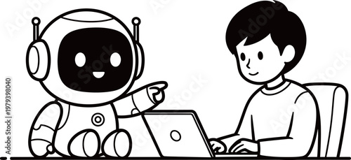 Robot Assistant Helping a Man Working on Laptop Illustration
