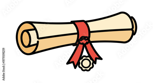 A diploma with a red ribbon.