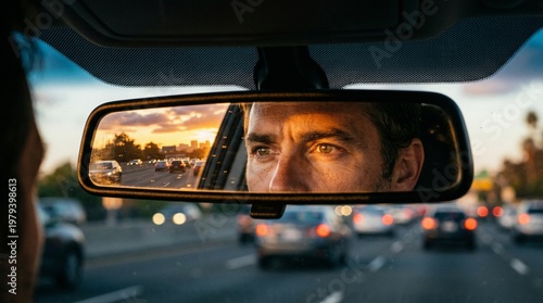 Focused driver eyes reflection in rearview mirror for safe driving, insurance and road safety concept