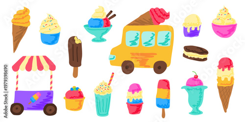 Colorful Ice Cream Set with Truck, Cones, Popsicles and Desserts. Cute Vector Collection of Sweet Summer Treats. Isolated on White Background